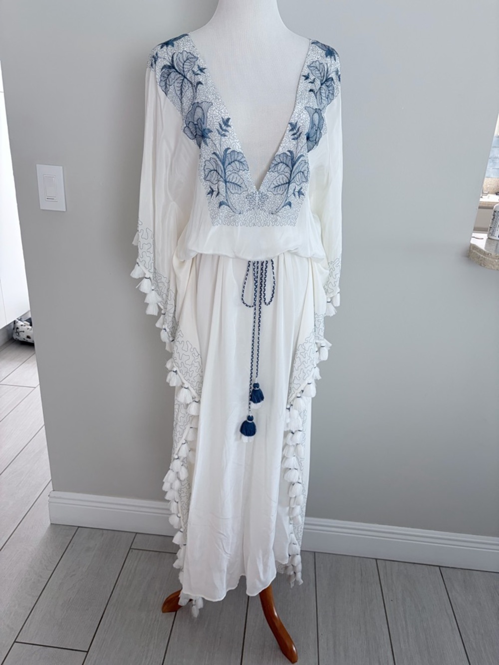 TAJ by Sabrina Crippa Silk White Swim Coverup with Blue Embroidery